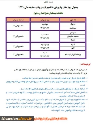 زمان پذیرش و نکات مورد توجه دانشجویان ورودی جدید سال 1399