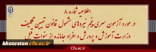 آزمون سری پنجم نیروهای مشمول قانون تعیین تکلیف وزارت آموزش و پرورش و افراد جامانده از سنوات قبل

اطلاعیه شماره 8 (برگزاری آزمون جامع بصورت حضوری - الکترونیکی )